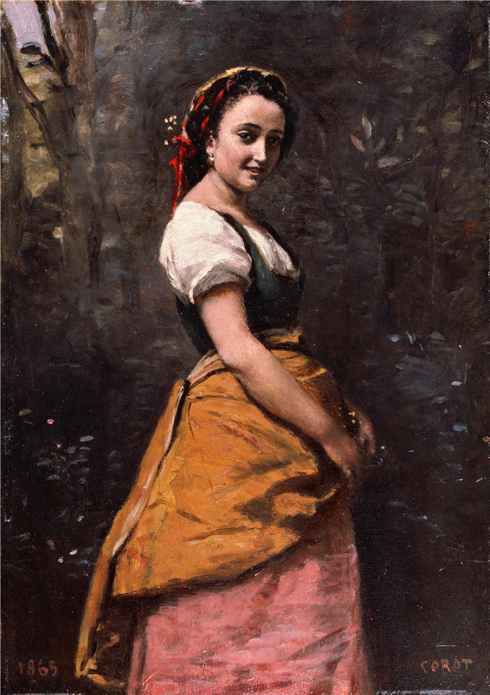让·巴蒂斯特·卡米尔·柯罗(Jean-Baptiste-Camille Corot,法国画家)高清油画-《树林里的年轻女子 (1865)》
