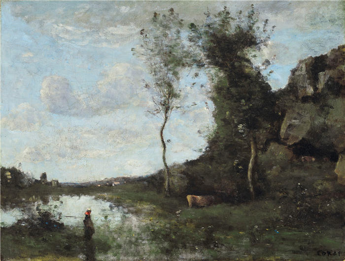让·巴蒂斯特·卡米尔·柯罗(Jean-Baptiste-Camille Corot)高清油画-《一个农民和她的牛在池塘里看到一个村庄(ca 1860-1865)》