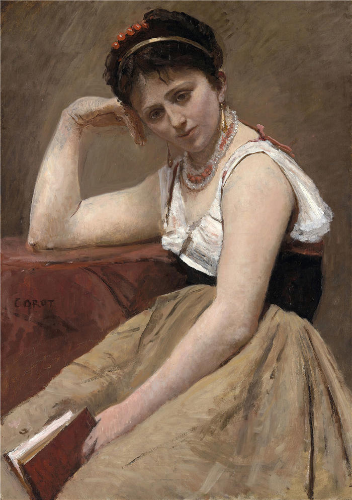 让·巴蒂斯特·卡米尔·柯罗(Jean-Baptiste-Camille Corot,法国画家)高清油画-《中断阅读(约 1870 年)》