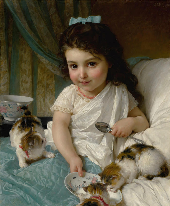 埃米尔·穆尼尔(Émile Munier，法国画家)高清油画作品-《 早餐 (1880)》
