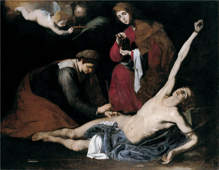 胡塞佩·德·里贝拉（Jusepe de Ribera，西班牙画家）高清作品-《圣女照料的圣塞巴斯蒂安 (1621)》