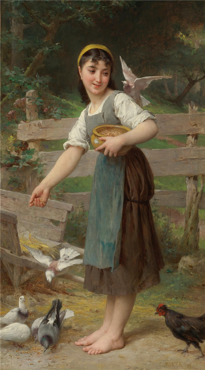 埃米尔·穆尼尔(Émile Munier，法国画家)高清油画作品-《 喂鸽子 (1890)》