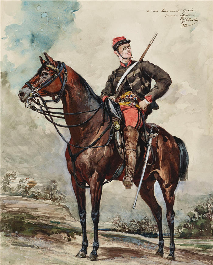 法国画家乔治·朱尔斯·维克多·克莱林（Georges Jules Victor Clairin）高清作品-《骑马肖像（1873 年）》