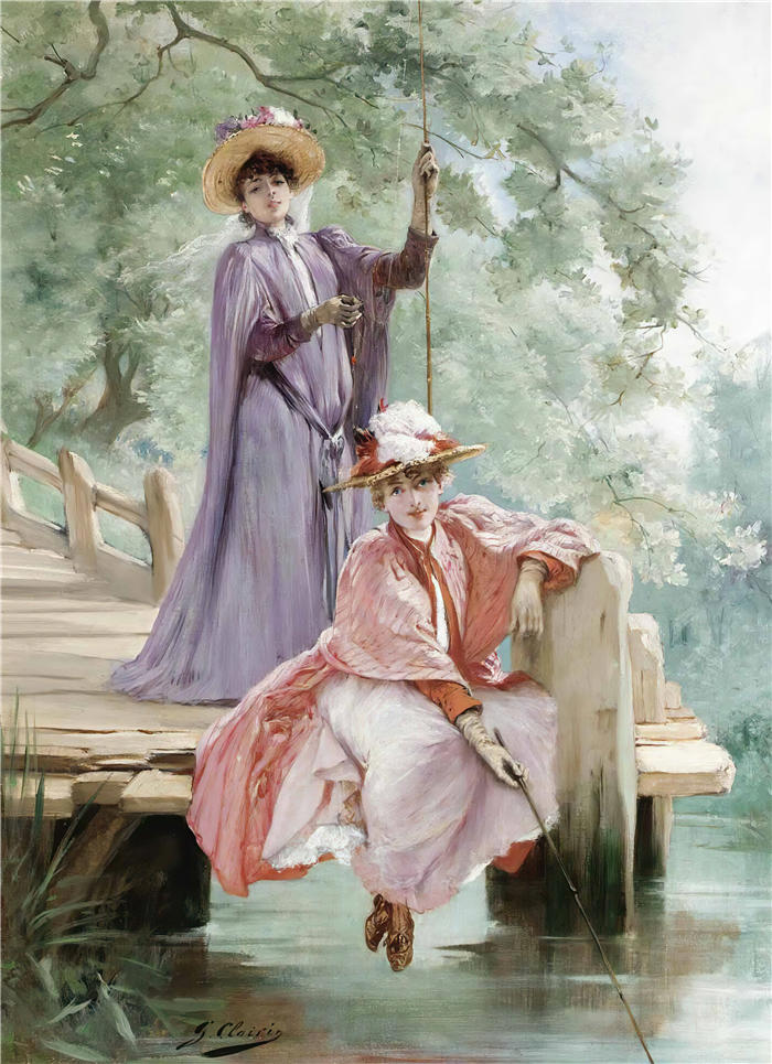 法国画家乔治·朱尔斯·维克多·克莱林（Georges Jules Victor Clairin）高清作品-《优雅女士钓鱼》