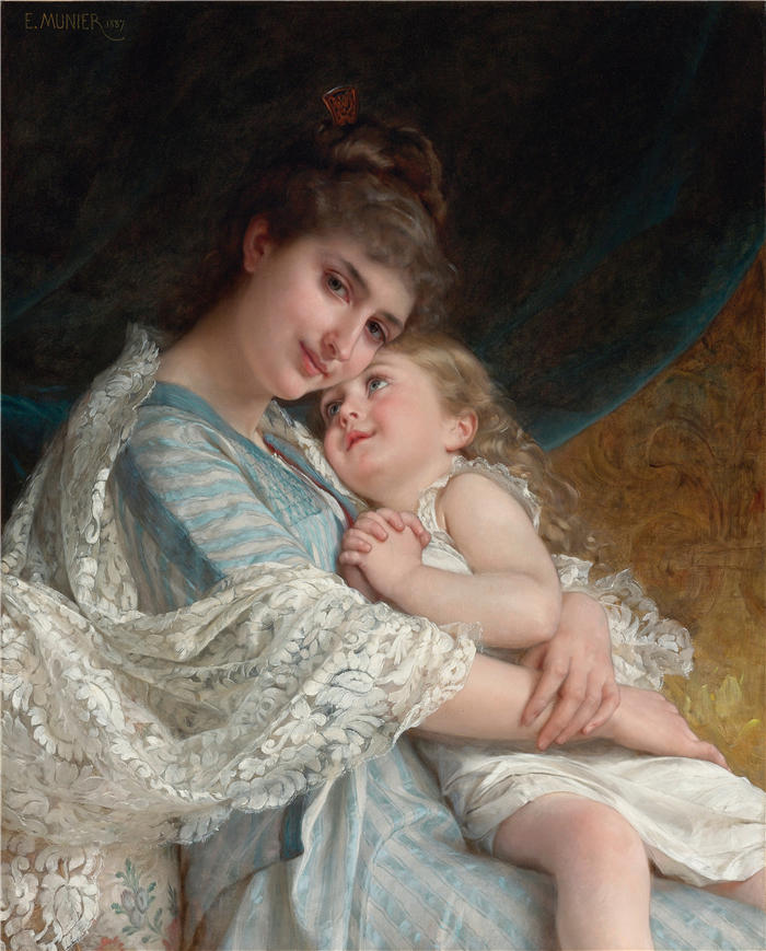 埃米尔·穆尼尔(Émile Munier，法国画家)高清油画作品-《 温柔的拥抱 (1887)》