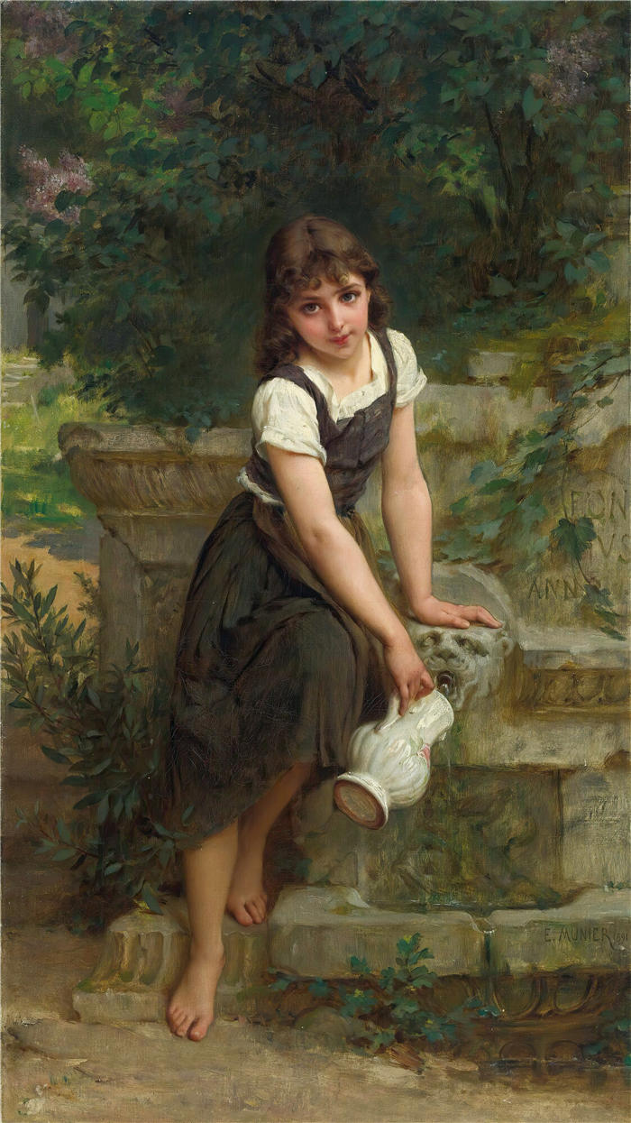 埃米尔·穆尼尔(Émile Munier，法国画家)高清油画作品-《 在喷泉 (1891)》