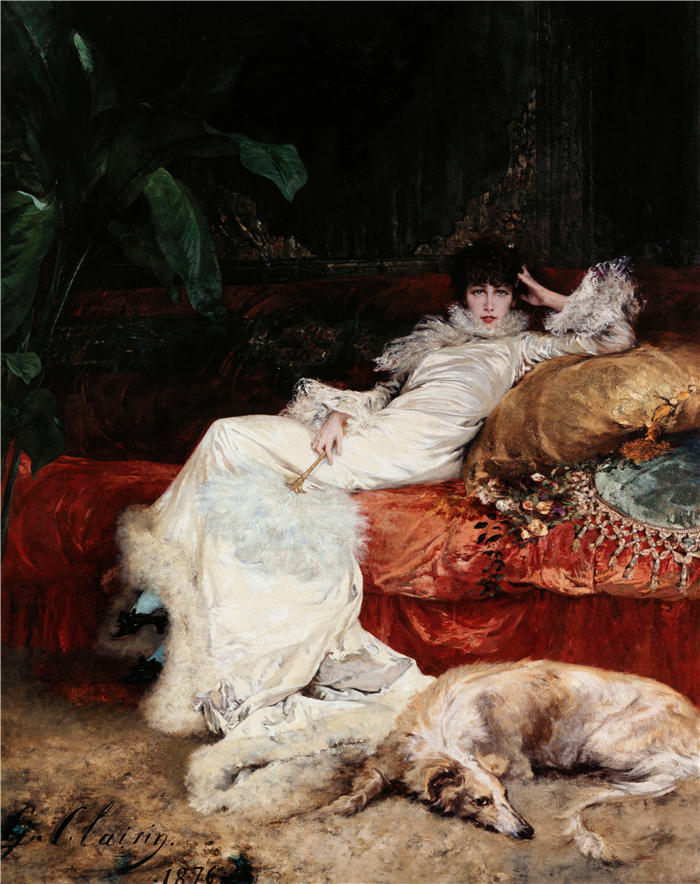 法国画家乔治·朱尔斯·维克多·克莱林（Georges Jules Victor Clairin）高清作品-《莎拉·伯恩哈特 (Sarah Bernhardt) 的肖像 (1876)》