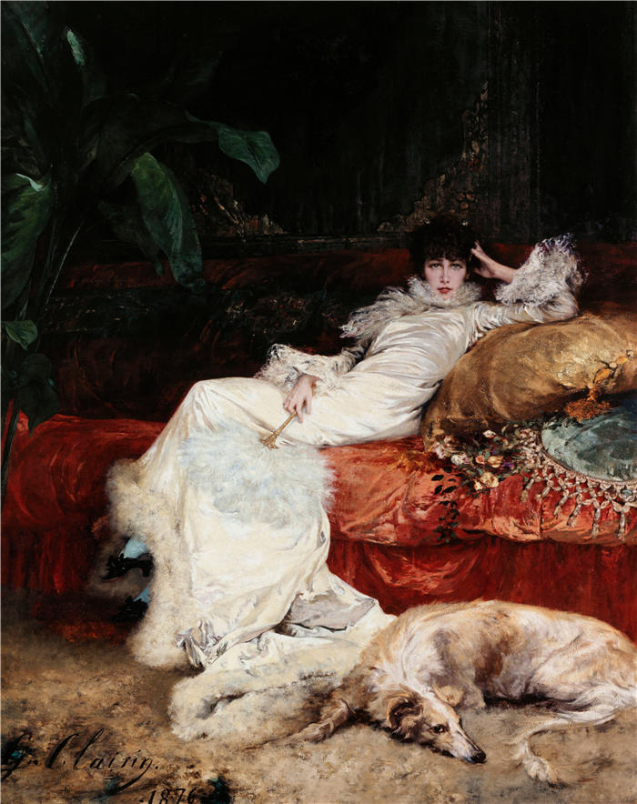 法国画家乔治·朱尔斯·维克多·克莱林(Georges Jules Victor Clairin)高清作品-《莎拉·伯恩哈特 (Sarah Bernhardt) 的肖像 (1876)》