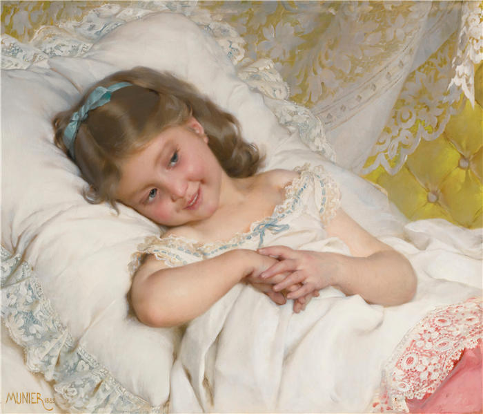 埃米尔·穆尼尔(Émile Munier,法国画家)高清油画作品-《 休息的女孩 (1885)》