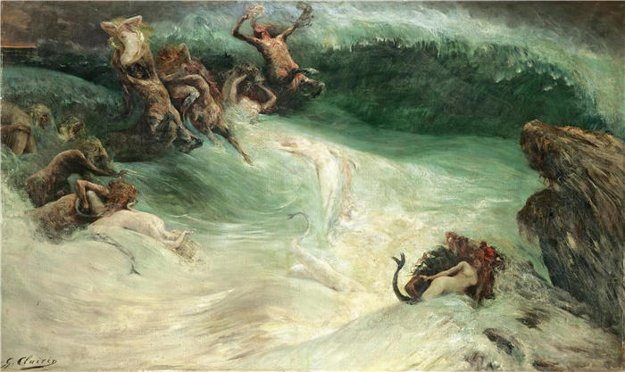 法国画家乔治·朱尔斯·维克多·克莱林（Georges Jules Victor Clairin）高清作品-《海浪中的奈亚德和半人马》