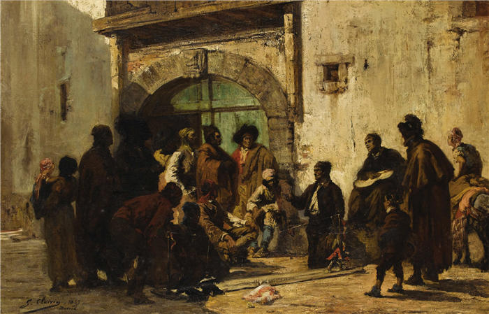 法国画家乔治·朱尔斯·维克多·克莱林（Georges Jules Victor Clairin）高清作品-《西班牙街头的木偶戏（1869 年）》