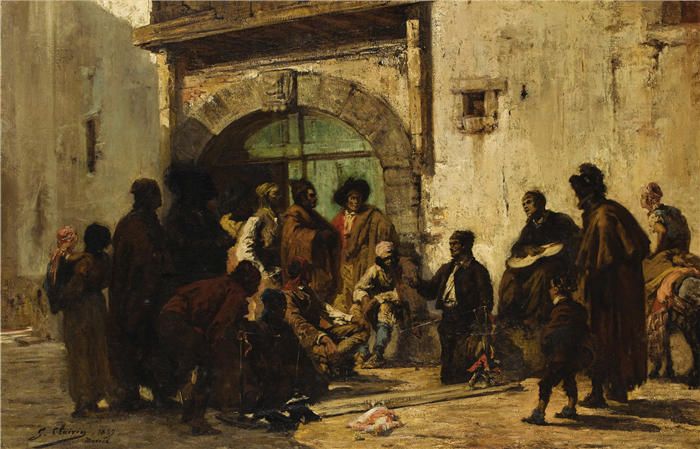 法国画家乔治·朱尔斯·维克多·克莱林(Georges Jules Victor Clairin)高清作品-《西班牙街头的木偶戏(1869 年)》