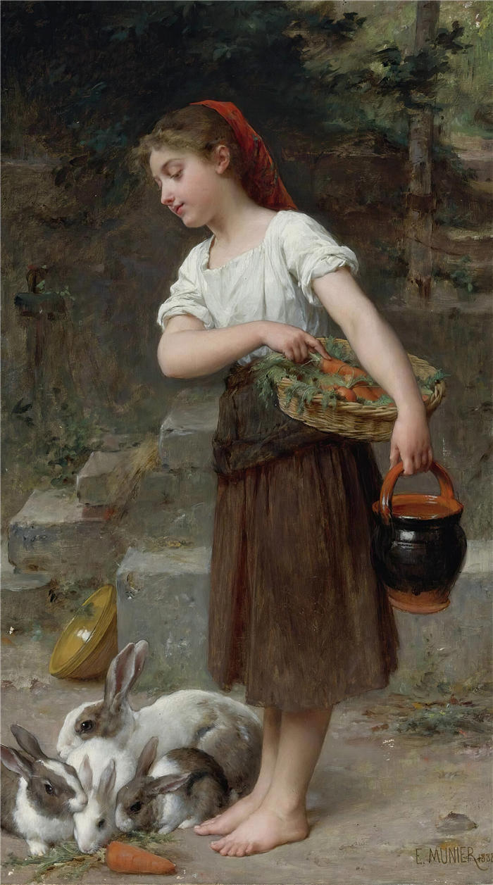埃米尔·穆尼尔(Émile Munier，法国画家)高清油画作品-《 喂兔子 (1888)》