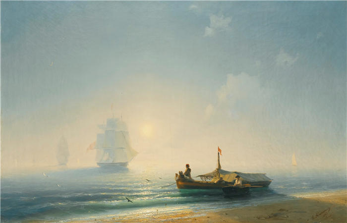 伊万·艾瓦佐夫斯基（Ivan Aivazovsky，俄罗斯画家）风景油画-《黎明时分的渔夫，那不勒斯 (1843)》