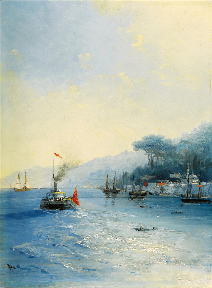 伊万·艾瓦佐夫斯基(Ivan Aivazovsky,俄罗斯画家)风景油画-《博斯普鲁斯海峡上的航运,君士坦丁堡(1900 年)》
