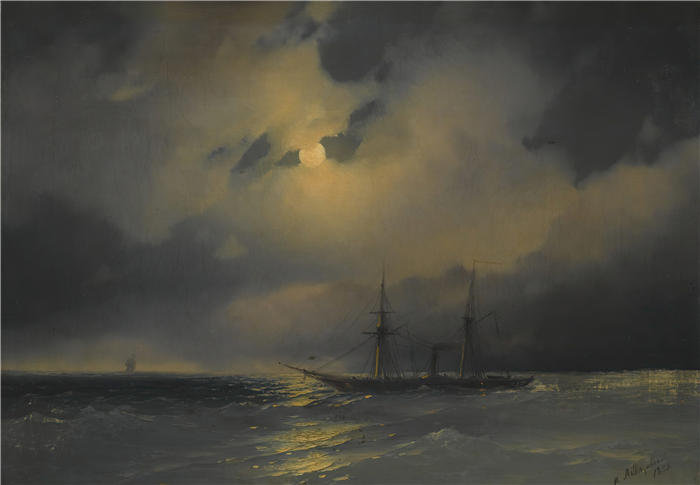 伊万·艾瓦佐夫斯基(Ivan Aivazovsky,俄罗斯画家)风景油画-《月光下的航运 (1853)》