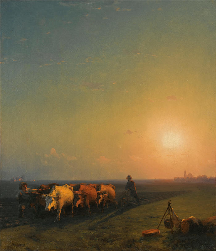 伊万·艾瓦佐夫斯基（Ivan Aivazovsky，俄罗斯画家）风景油画-《犁地，克里米亚 (1865)》