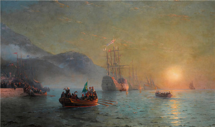 伊万·艾瓦佐夫斯基（Ivan Aivazovsky，俄罗斯画家）风景油画-《哥伦布从西班牙帕洛斯港出发前的告别 (1892)》