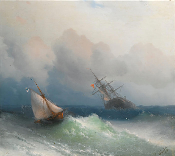 伊万·艾瓦佐夫斯基（Ivan Aivazovsky，俄罗斯画家）风景油画-《海上的两艘船（1863 年）》