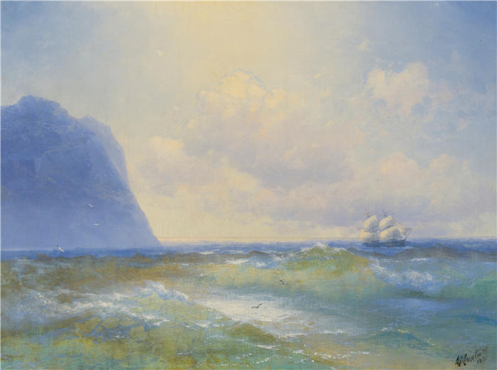 伊万·艾瓦佐夫斯基（Ivan Aivazovsky，俄罗斯画家）风景油画-《海上的船（1895 年）》