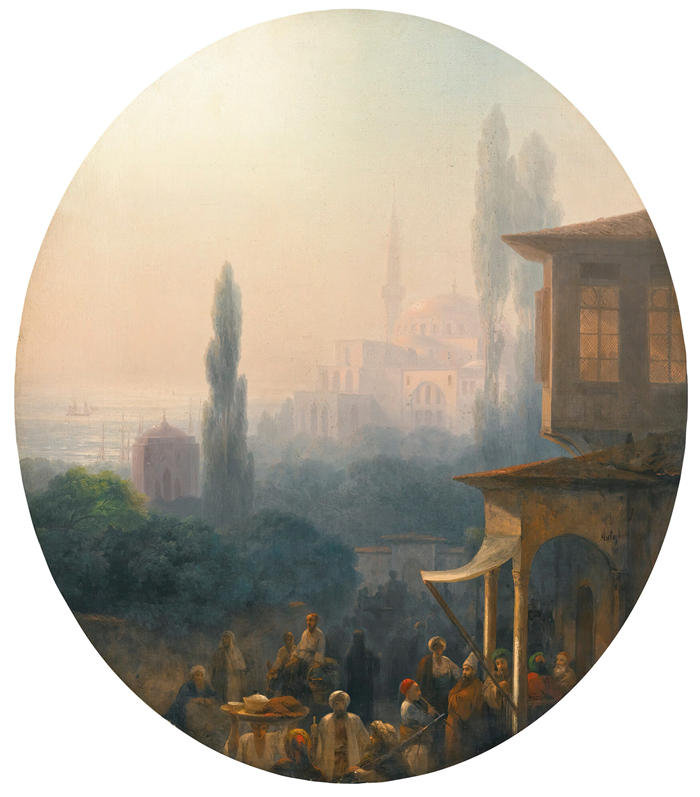 伊万·艾瓦佐夫斯基(Ivan Aivazovsky,俄罗斯画家)风景油画-《君士坦丁堡的市场场景(1860 年)》