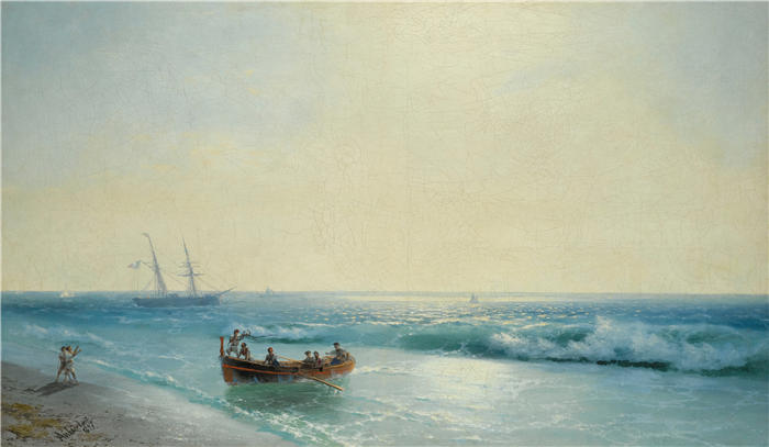 伊万·艾瓦佐夫斯基（Ivan Aivazovsky，俄罗斯画家）风景油画-《上岸的水手 (1897)》