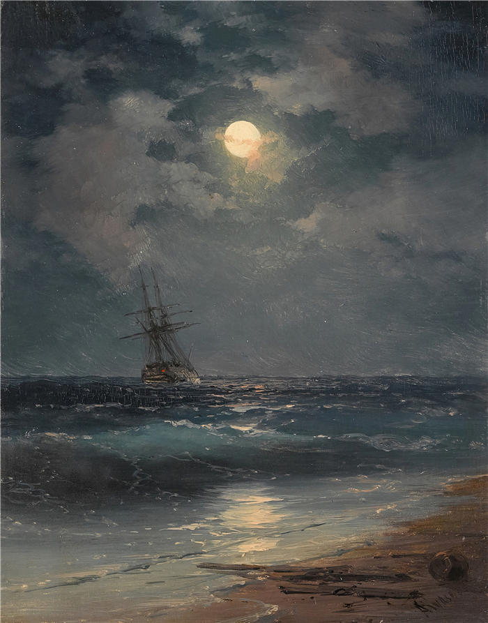 伊万·艾瓦佐夫斯基（Ivan Aivazovsky，俄罗斯画家）风景油画-《月光下的船》