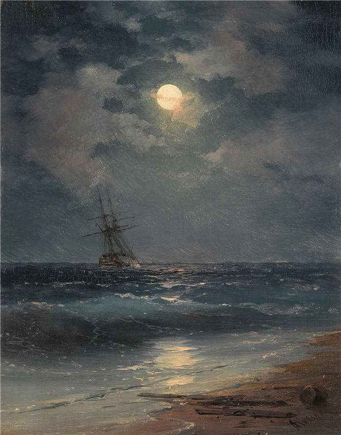 伊万·艾瓦佐夫斯基(Ivan Aivazovsky,俄罗斯画家)风景油画-《月光下的船》