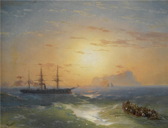 伊万·艾瓦佐夫斯基（Ivan Aivazovsky，俄罗斯画家）风景油画-《从伊斯基亚运送》