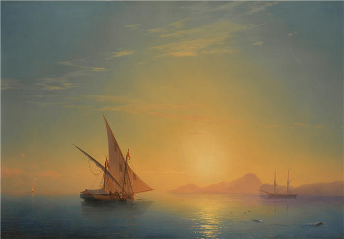 伊万·艾瓦佐夫斯基（Ivan Aivazovsky，俄罗斯画家）风景油画-《伊斯基亚的日落 (1857)》