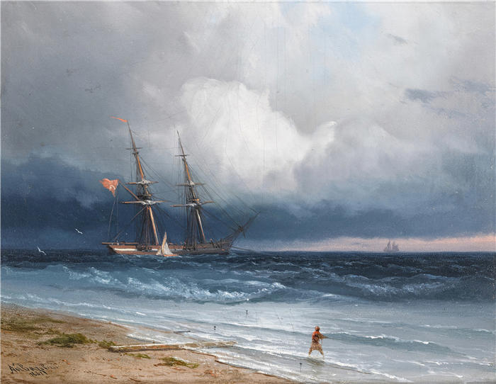 伊万·艾瓦佐夫斯基（Ivan Aivazovsky，俄罗斯画家）风景油画-《海边的船 (1861)》