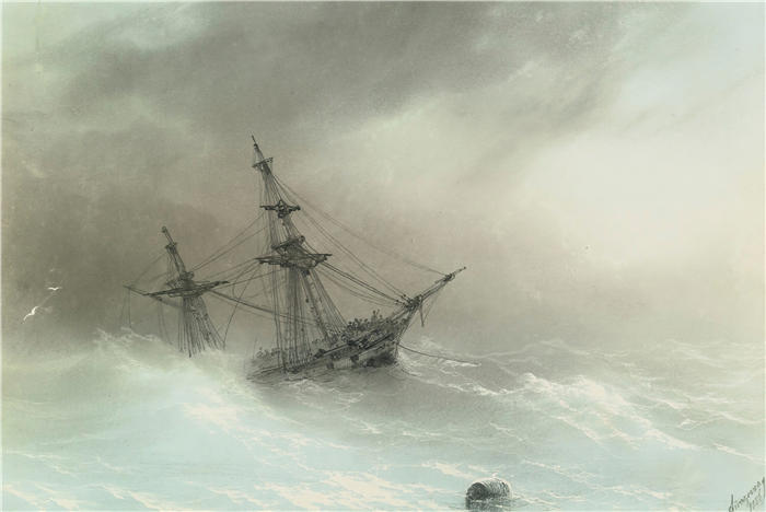 伊万·艾瓦佐夫斯基(Ivan Aivazovsky,俄罗斯画家)风景油画-《波涛汹涌的大海中的船 (1888)》