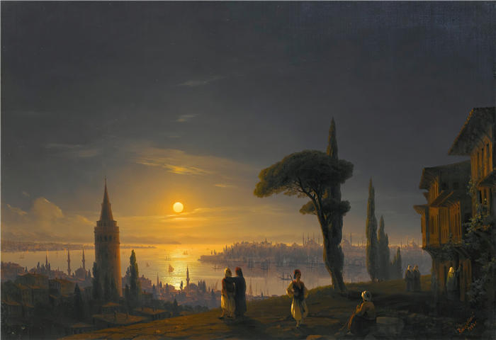 伊万·艾瓦佐夫斯基（Ivan Aivazovsky，俄罗斯画家）风景油画-《月光下的加拉塔塔（1845 年）》