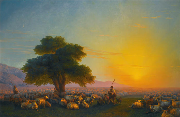 伊万·艾瓦佐夫斯基（Ivan Aivazovsky，俄罗斯画家）风景油画-《夕阳下的牧羊人 (1859)》