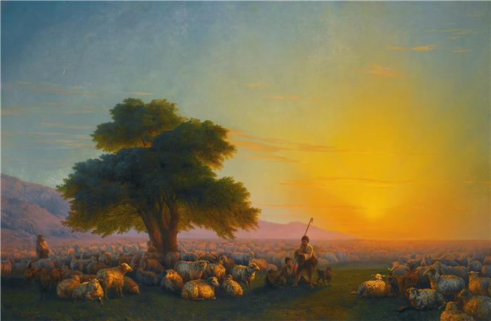 伊万·艾瓦佐夫斯基(Ivan Aivazovsky,俄罗斯画家)风景油画-《夕阳下的牧羊人 (1859)》