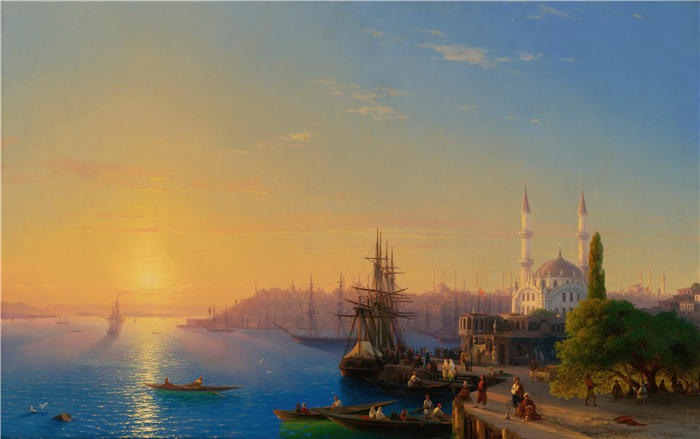 伊万·艾瓦佐夫斯基(Ivan Aivazovsky,俄罗斯画家)风景油画-《君士坦丁堡和博斯普鲁斯海峡 (1856)》