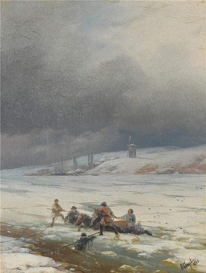 伊万·艾瓦佐夫斯基（Ivan Aivazovsky，俄罗斯画家）风景油画-《从冰中拖出马车（1876 年）》