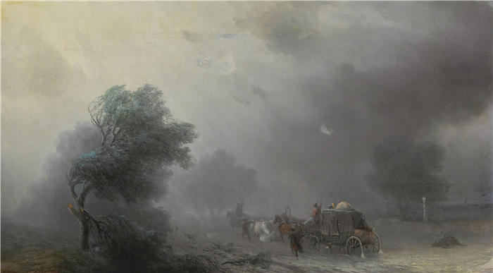 伊万·艾瓦佐夫斯基（Ivan Aivazovsky，俄罗斯画家）风景油画-《风暴中的马车》