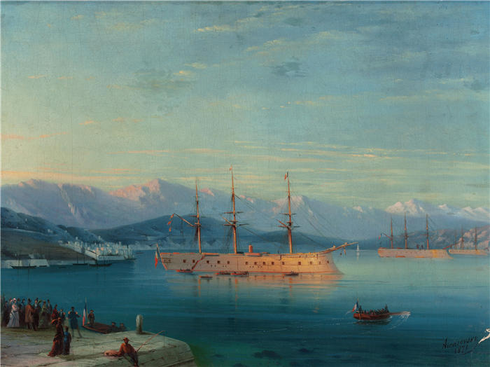 伊万·艾瓦佐夫斯基（Ivan Aivazovsky，俄罗斯画家）风景油画-《离开黑海的法国船只 (1871)》