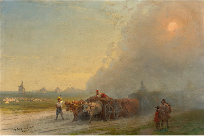 伊万·艾瓦佐夫斯基(Ivan Aivazovsky,俄罗斯画家)风景油画-《乌克兰草原上的牛车(1888 年)》