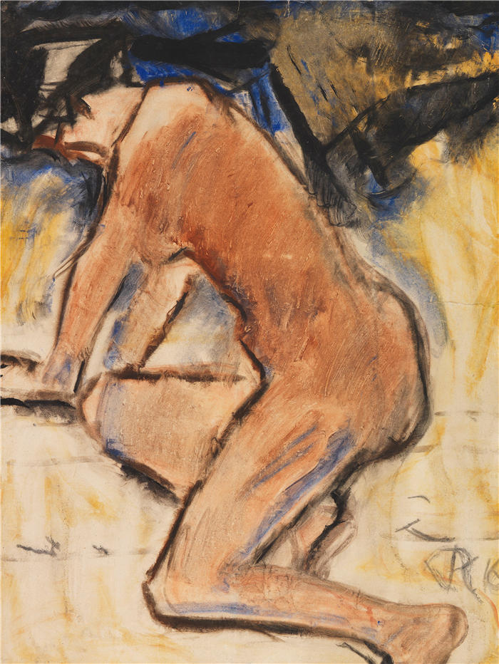 克里斯蒂安·罗尔夫斯(Christian Rohlfs,德国画家)绘画作品-《跪法(1916年)》