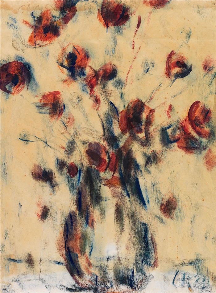 克里斯蒂安·罗尔夫斯（Christian Rohlfs，德国画家）绘画作品-《蓝色花瓶里的田野苔藓（1923）》
