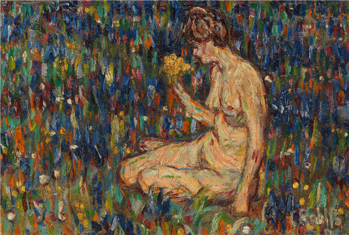 克里斯蒂安·罗尔夫斯（Christian Rohlfs，德国画家）绘画作品-《带黄色花丛的女性表演（草地上的女孩）（1905年）》