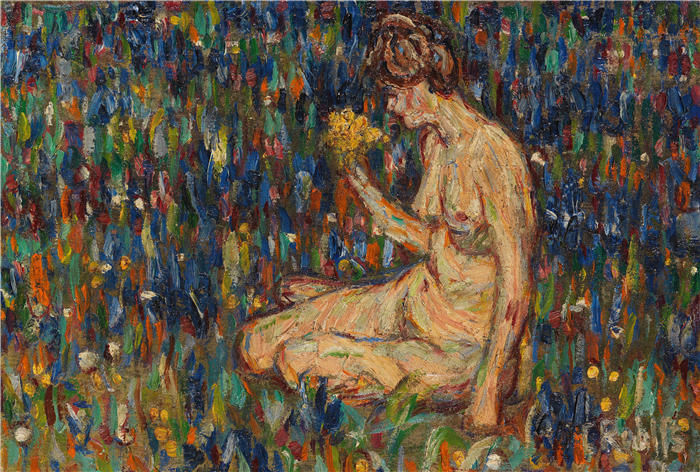 克里斯蒂安·罗尔夫斯(Christian Rohlfs,德国画家)绘画作品-《带黄色花丛的女性表演(草地上的女孩)(1905年)》