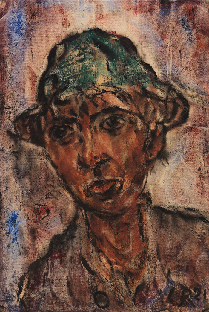 克里斯蒂安·罗尔夫斯（Christian Rohlfs，德国画家）绘画作品-《戴帽子的家伙（1921）》