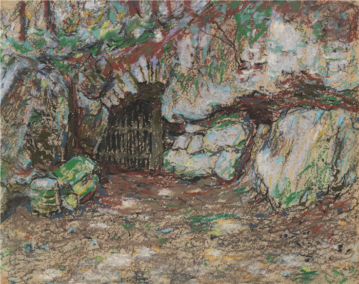 克里斯蒂安·罗尔夫斯（Christian Rohlfs，德国画家）绘画作品-《魏玛公园洞穴（1894）》
