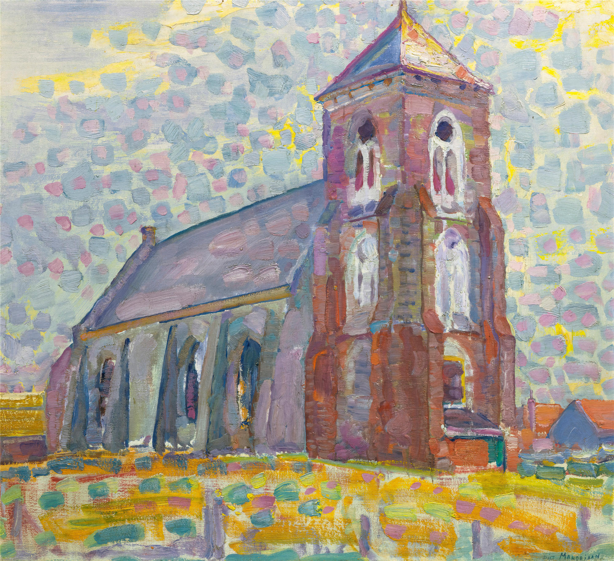 皮特·蒙德里安(Piet Mondrian，荷兰画家)油画高清作品-《佐特兰德教堂 (1909)》