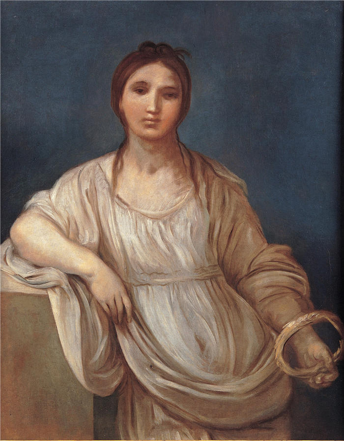 吉多·雷尼(Guido Reni,意大利画家)高清油画作品-《戴王冠的女孩肖像(1640 年至 1642 年)》