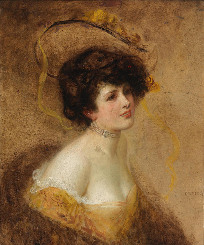 爱德华·维思（Eduard Veith，奥地利画家）高清作品-《黄色连衣裙戴帽子的女士》