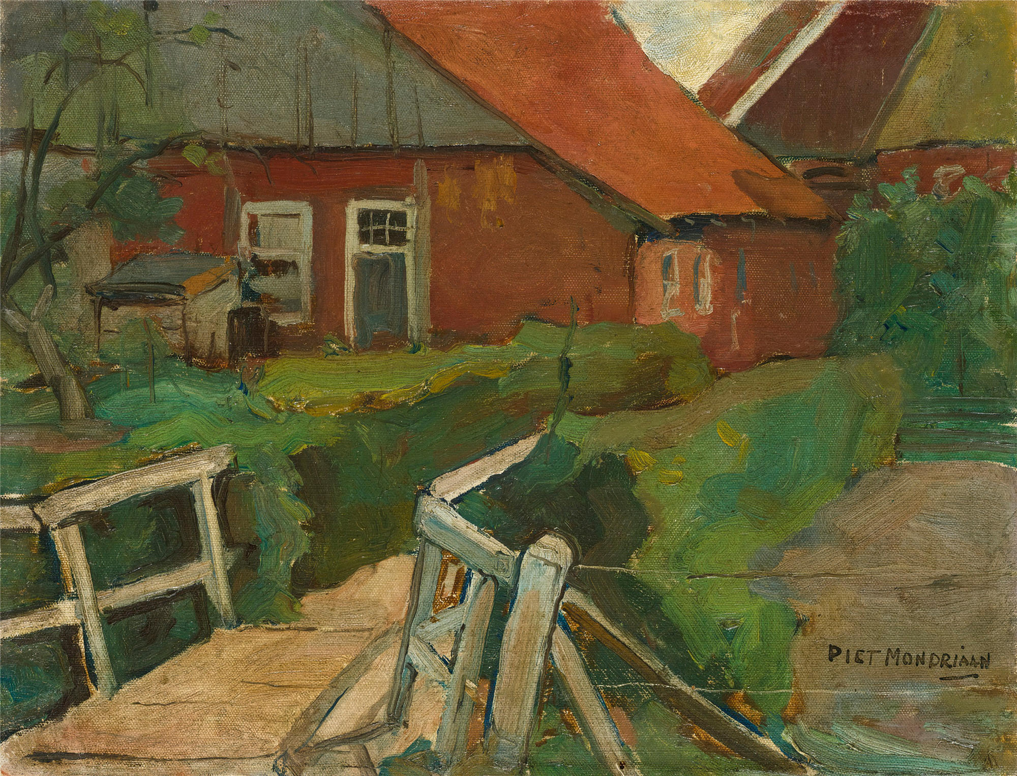 皮特·蒙德里安(Piet Mondrian，荷兰画家)油画高清作品-《带桥的农场建筑（大约 1899 年）》